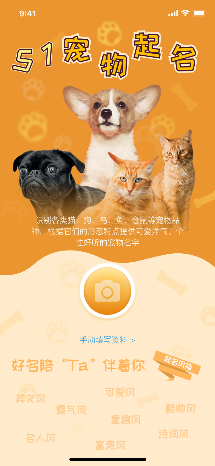 宠物起名小程序页面UI设计-橙黄色 宠物 扫描 手机端